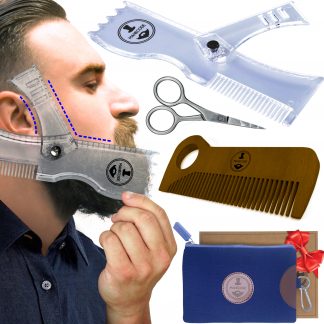 Manecode Beard Grooming Kit for Men - Adjustable 6-in-1 Guide Shaping Tool, Premium Wooden Comb, Laser Sharpening Scissors, All in Hygiene Travel Bag