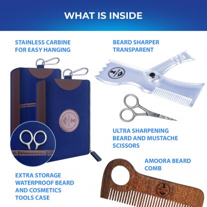 Manecode Beard Grooming Kit for Men - Adjustable 6-in-1 Guide Shaping Tool, Premium Wooden Comb, Laser Sharpening Scissors, All in Hygiene Travel Bag