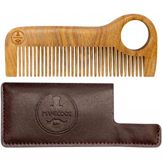 New Manecode Wooden Beard Comb for Men - Premium Quality Anti-Static Sandalwood and Eco-Leather Pocket - Ideal for Applying Oil to Hair and Mustaches - All-in Small Giftable Craft Box